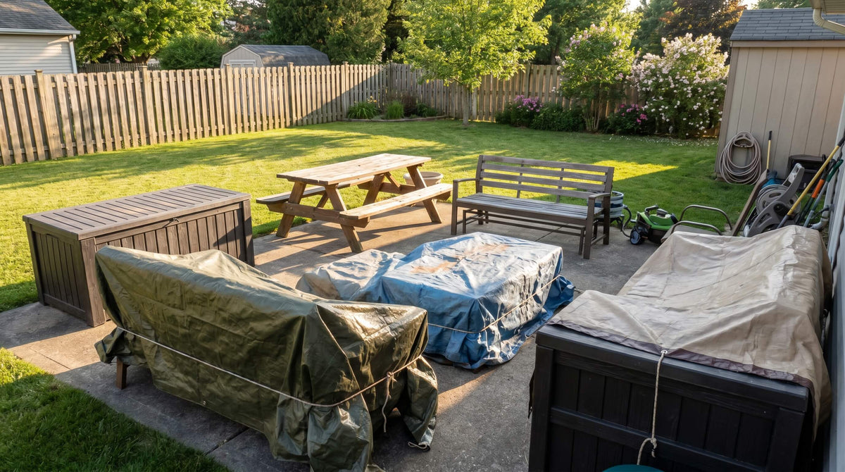 Heavy duty waterproof tarps used for patio furniture, firewood, boat, and jobsite materials.