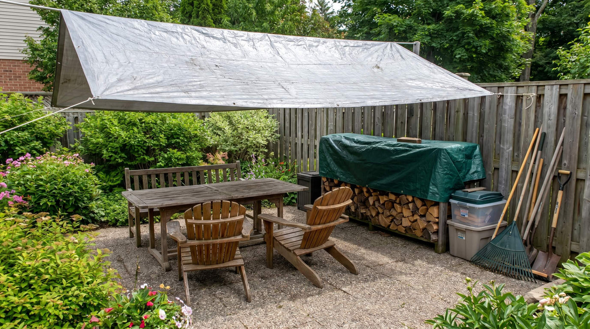 Heavy duty waterproof tarp protecting patio furniture in a modern backyard during rain.