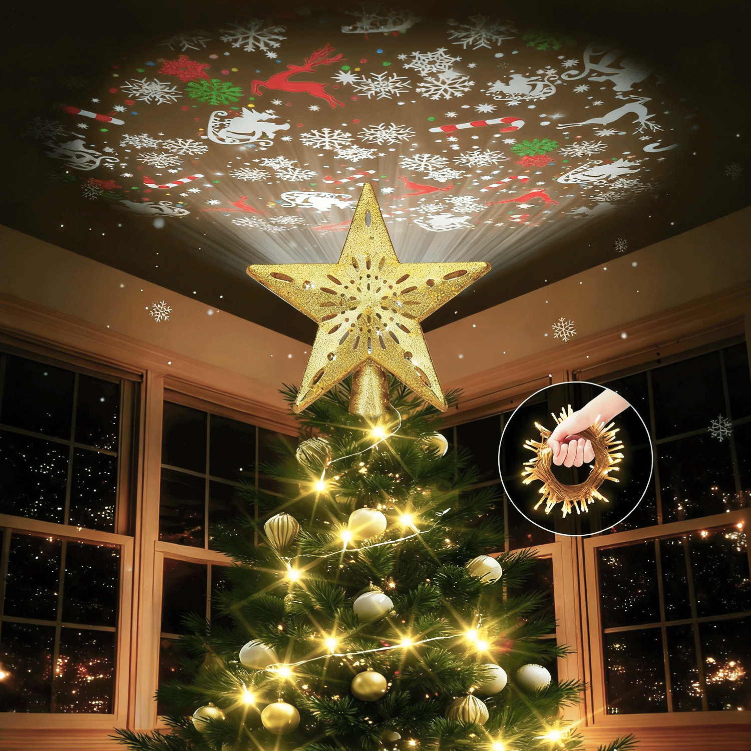 Christmas Tree Topper Star Lighted with Warm Christmas String Lights（Gold）