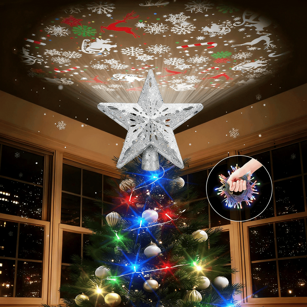 Christmas Tree Topper Star with Colorful Christmas String Lights (Silver)