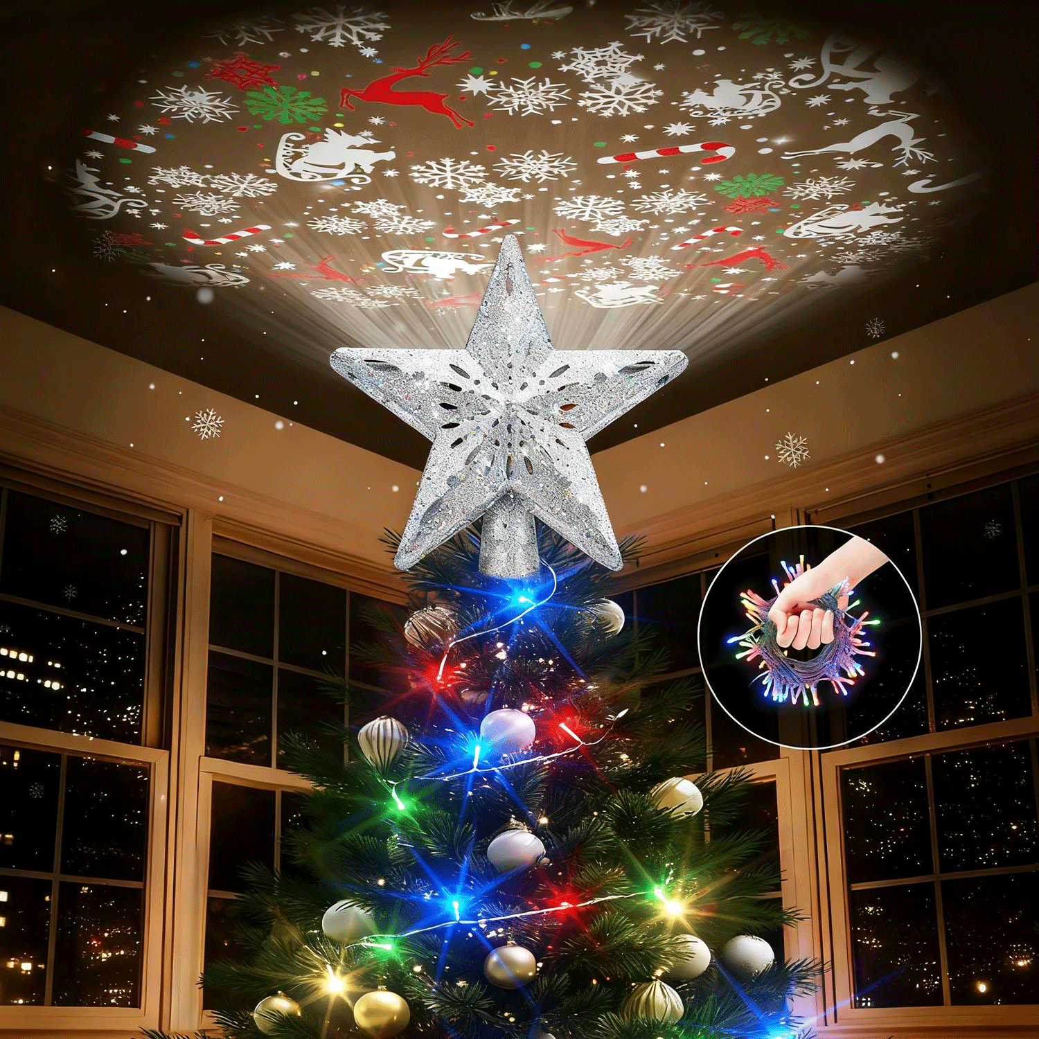 Christmas Tree Topper Star with Colorful Christmas String Lights (Silver)