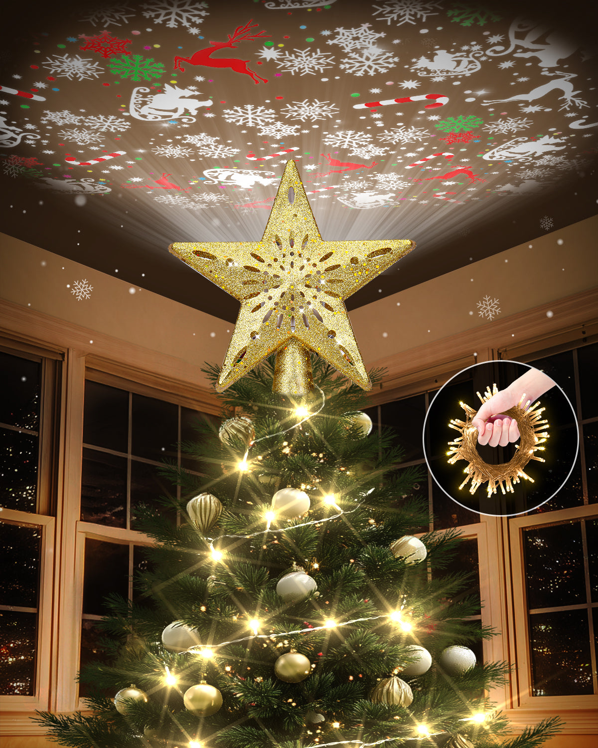 Christmas Tree Topper Star Lighted with Warm Christmas String Lights（Gold）