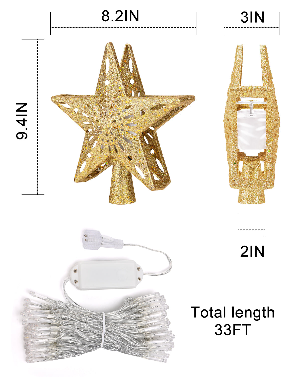 Christmas Tree Topper Star Lighted with Warm Christmas String Lights（Gold）