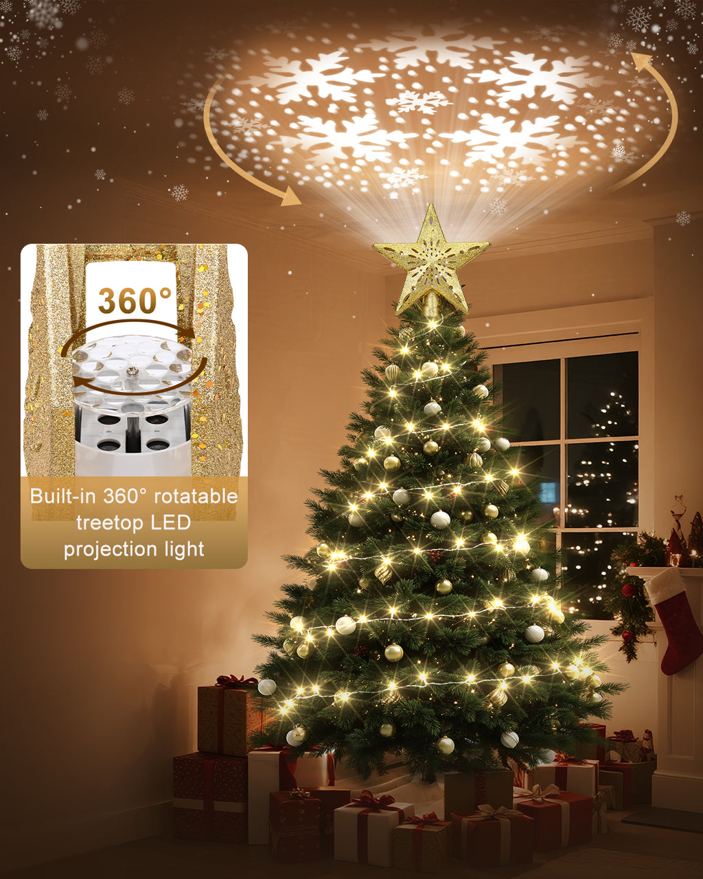 Christmas Tree Topper Star Lighted with Warm Christmas String Lights（Gold）