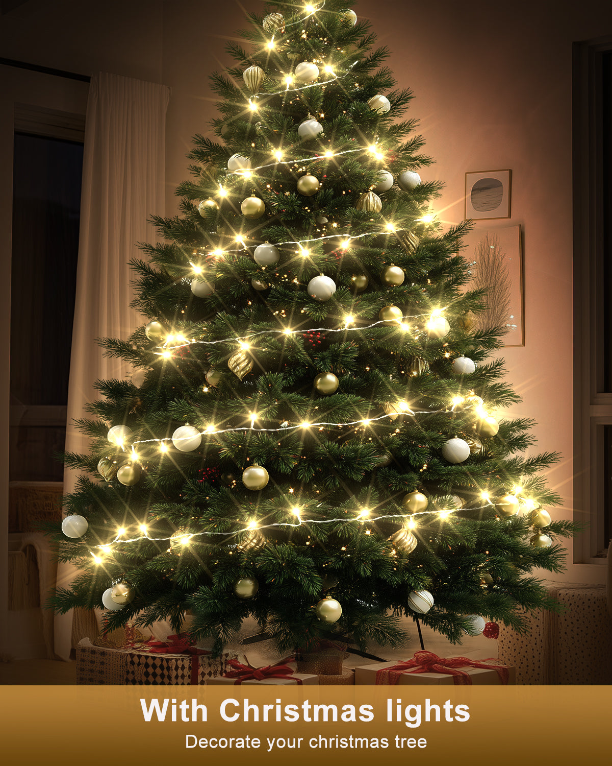 Christmas Tree Topper Star Lighted with Warm Christmas String Lights（Gold）