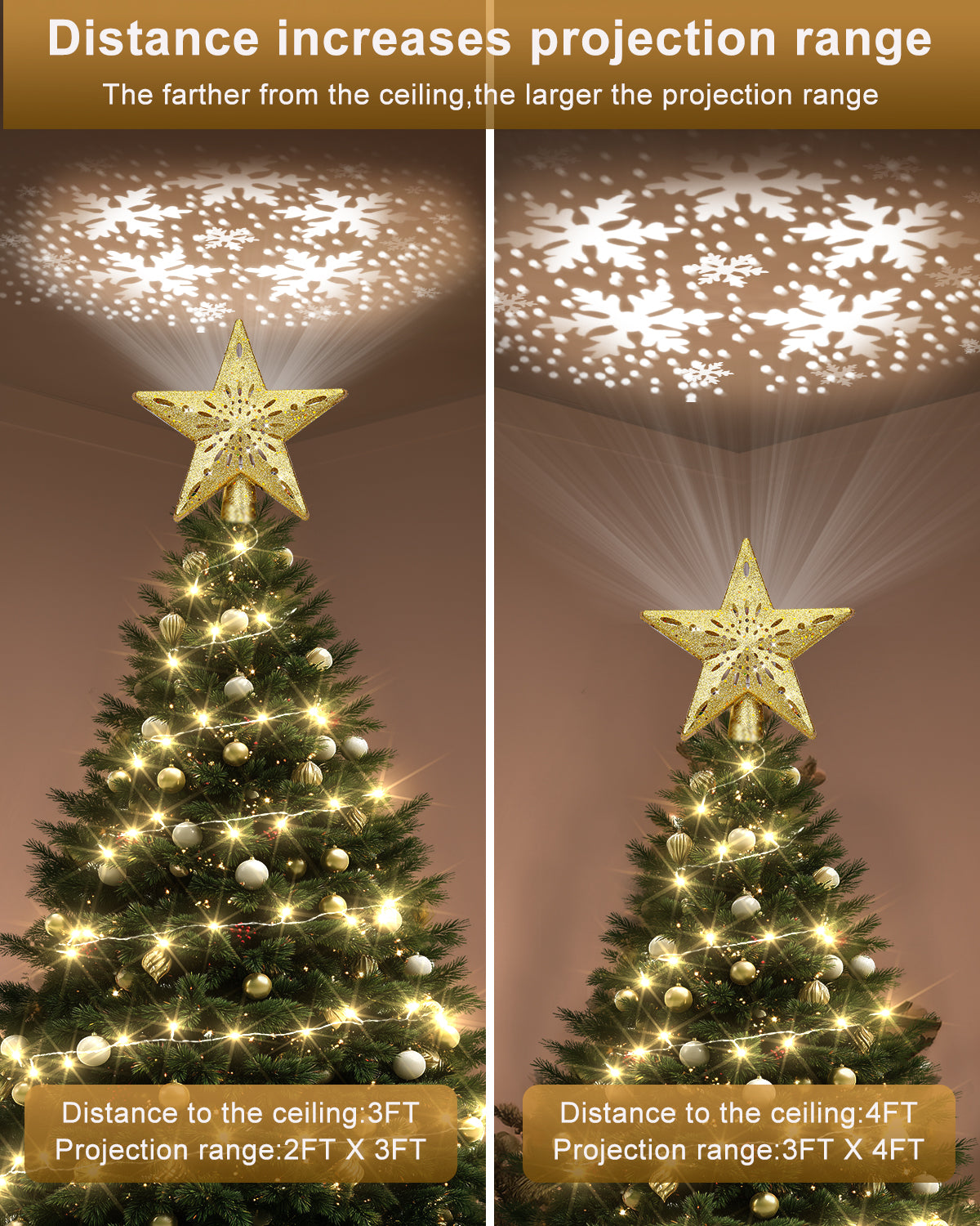 Christmas Tree Topper Star Lighted with Warm Christmas String Lights（Gold）
