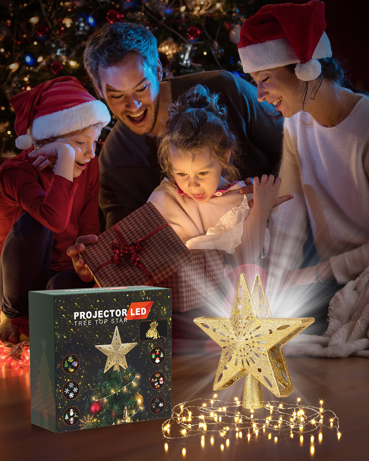 Christmas Tree Topper Star Lighted with Warm Christmas String Lights（Gold）