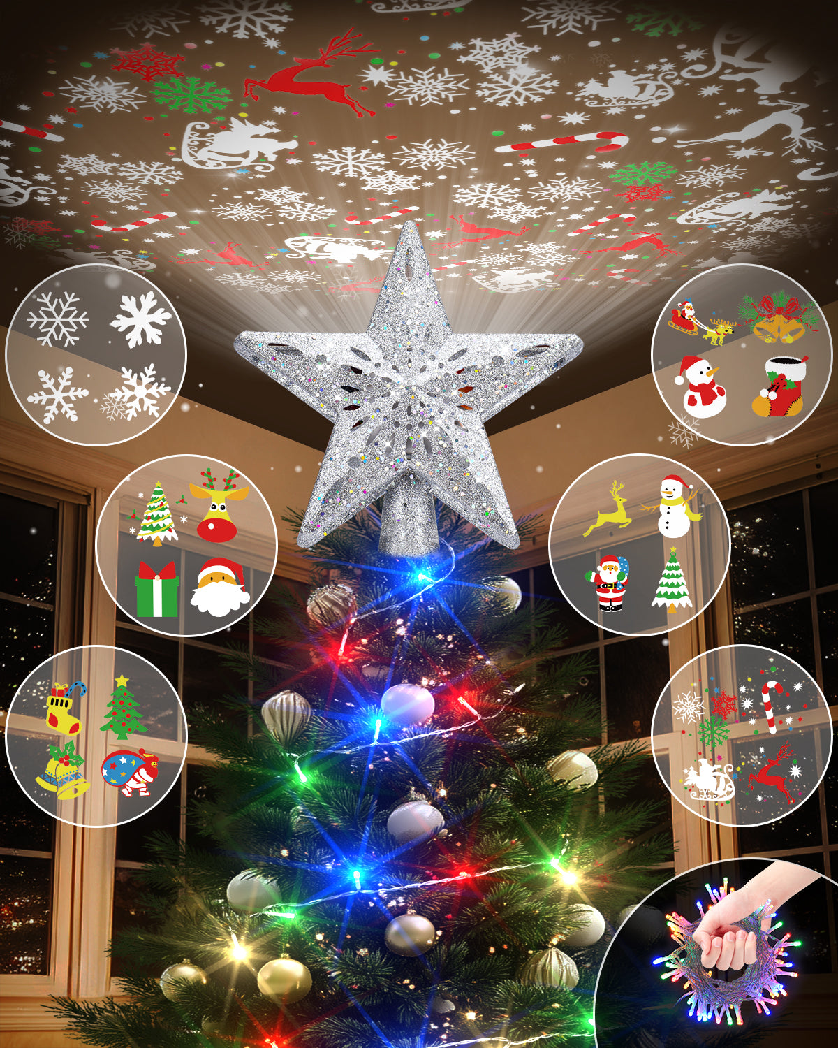 Christmas Tree Topper Star with Colorful Christmas String Lights (Silver)