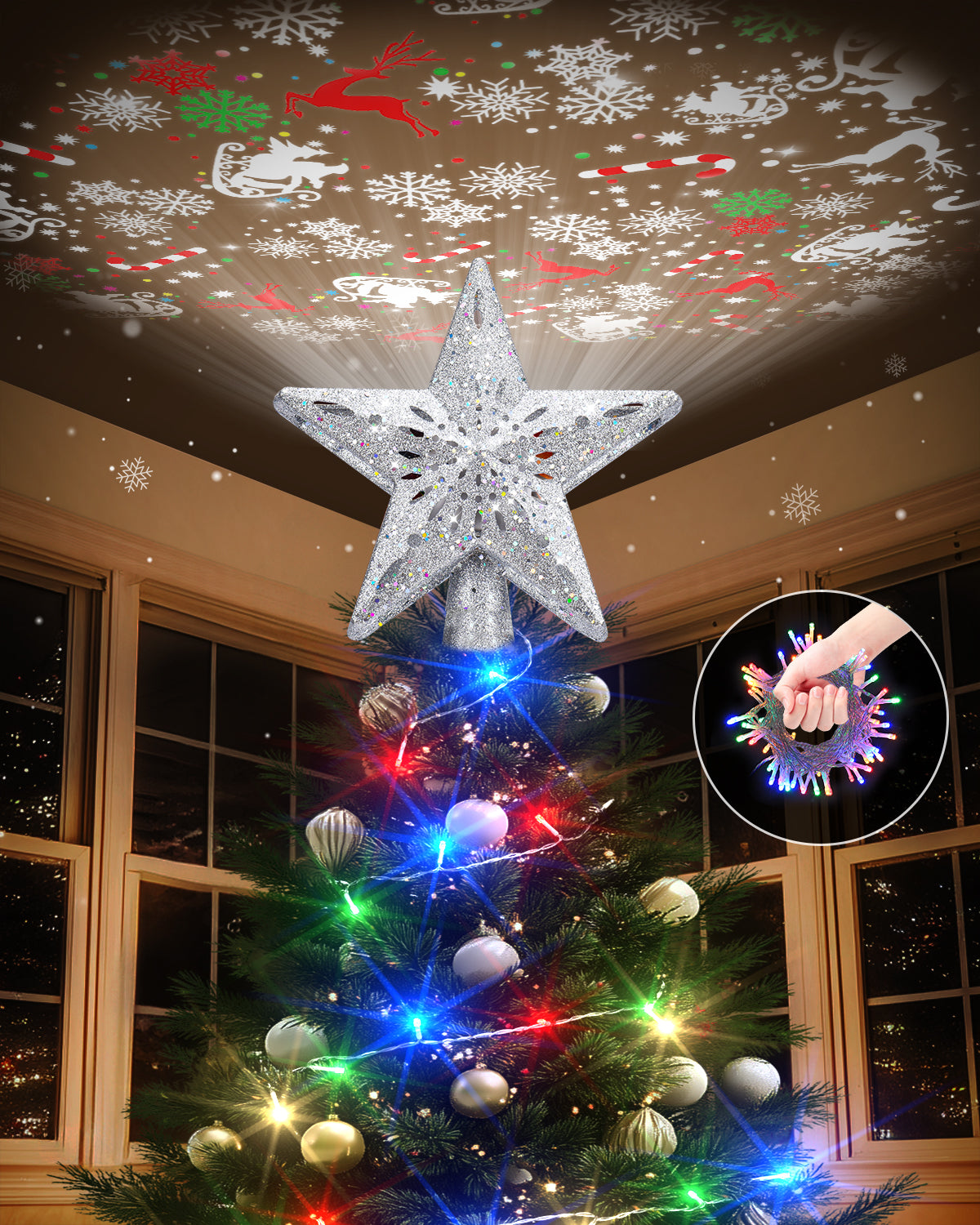 Christmas Tree Topper Star with Colorful Christmas String Lights (Silver)