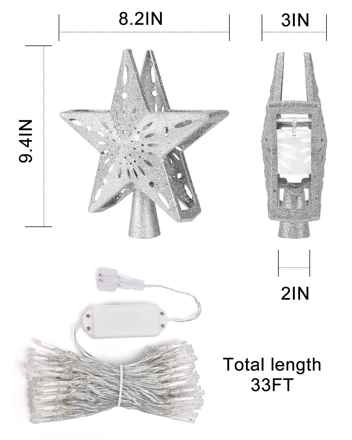 Christmas Tree Topper Star with Colorful Christmas String Lights (Silver)