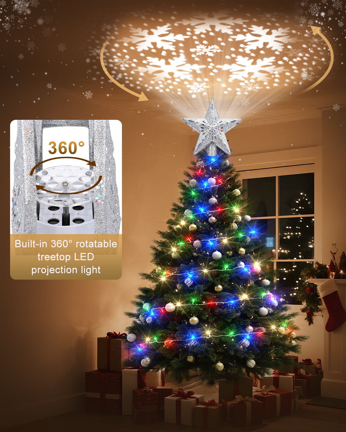 Christmas Tree Topper Star with Colorful Christmas String Lights (Silver)