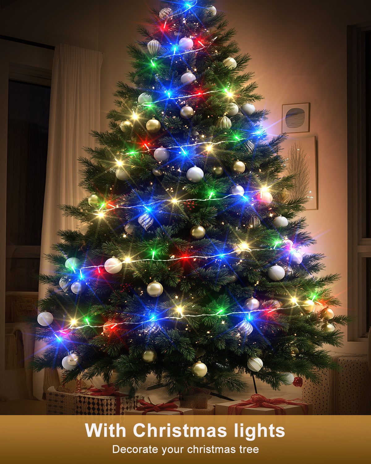 Christmas Tree Topper Star with Colorful Christmas String Lights (Silver)