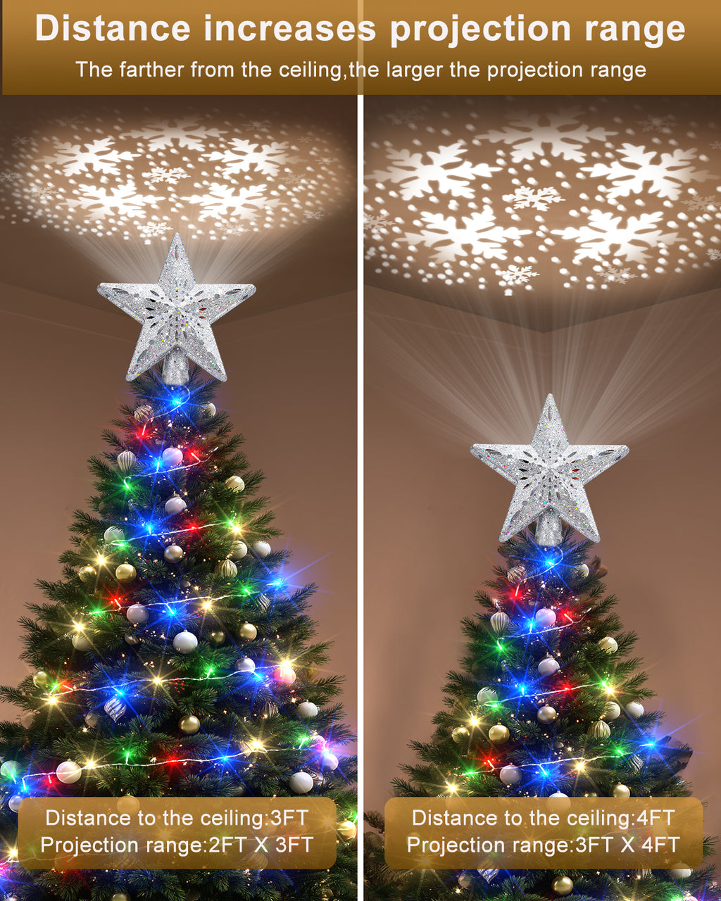 Christmas Tree Topper Star with Colorful Christmas String Lights (Silver)