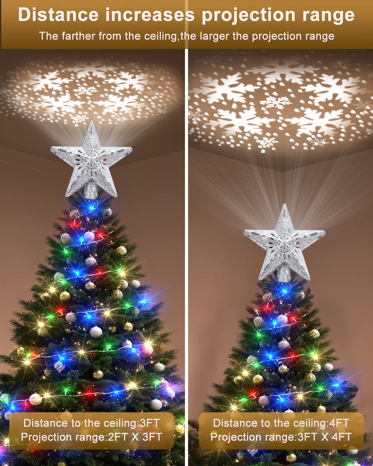 Christmas Tree Topper Star with Colorful Christmas String Lights (Silver)