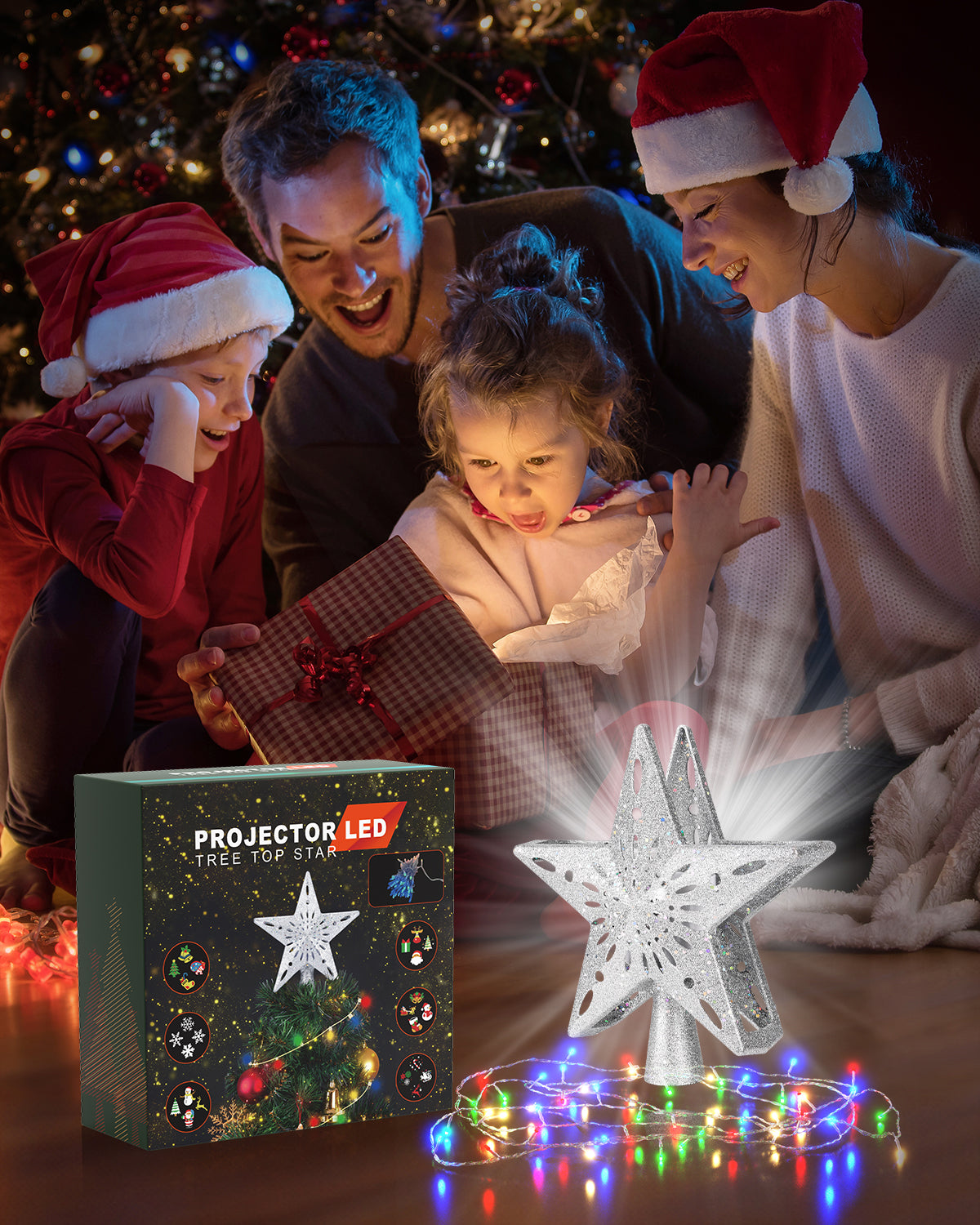 Christmas Tree Topper Star with Colorful Christmas String Lights (Silver)